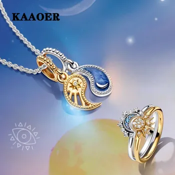 KAAOER2023 Сребристо-синя звезда, на Луната, на Слънцето, на пара, пръстен, колие, сватба, сватбена, подходящ за европейски момичета, бижута високо качество