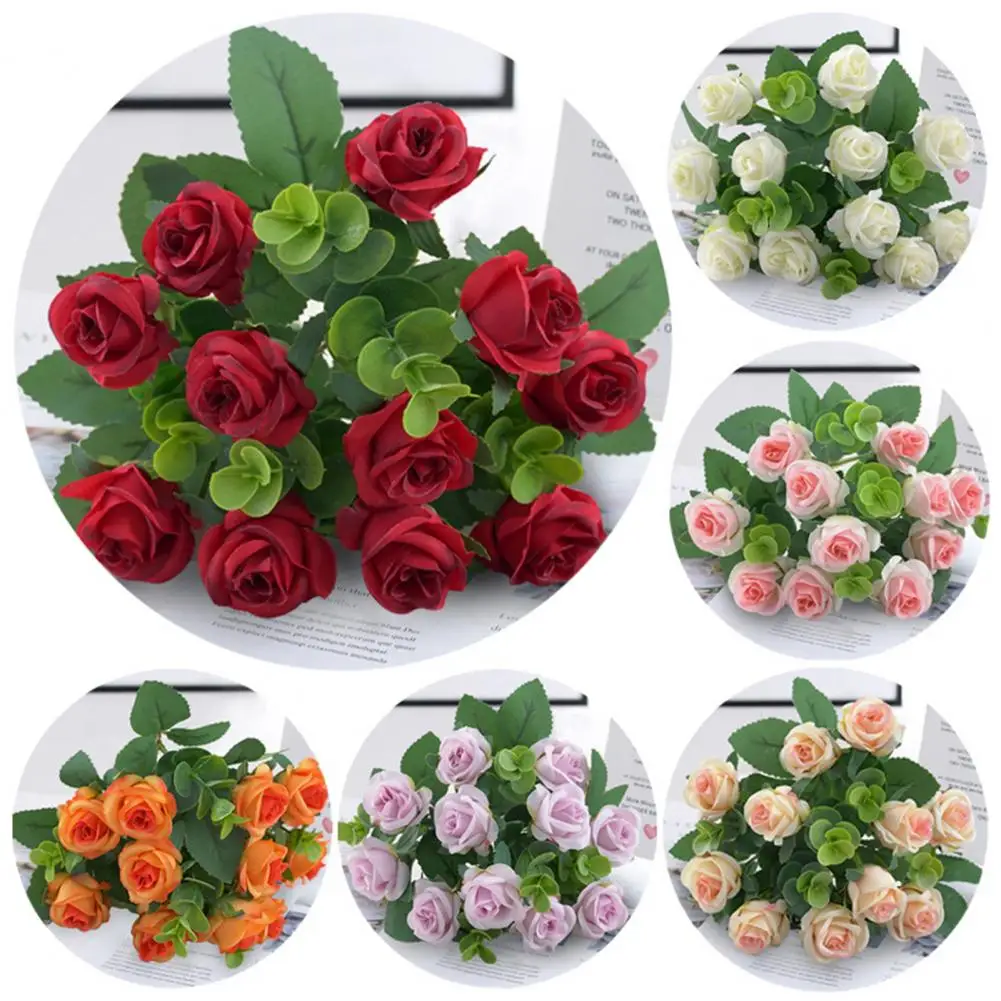 1 Букет, красив, устойчив към цъфтежа на Изкуствени цветя, роза, зелени листа, подпори за фотосесия, Изкуствен Евкалипт, рози цвете от изкуствена коприна4