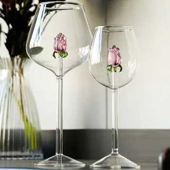 1 Бр. Творчески 3D Розови стъклени Рози, Вградени Чаши за червено бяло Вино, Чаши за вино, Чаши, Чаши за Шампанско, Флейта за домашна употреба, прекрасен подарък