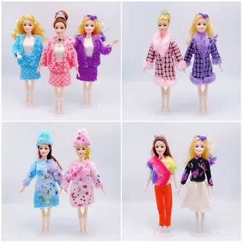 1 комплект дрехи за кукли, плюшевое палто, рокля, шапка, тениска, комплект Подходящ за кукли Барби дължина от 30 см, модерен дрехи, ежедневни облекла