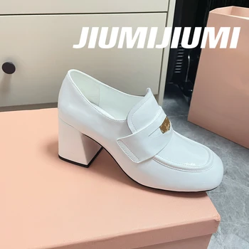 2023 JIUMIJIUMI/ най-Новите Есенни Дамски обувки-лодка ръчно изработени от естествена кожа Mary Janes, Сладки обувки-лодка на висок ток с кръгло бомбе, Zapatos De Mujer