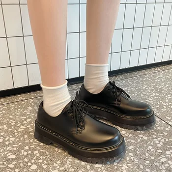 2023 Дамски пролетно-есенни универсални кожени обувки в стил Ретро на дебела подметка в Ретро стил, гумени подложки, тънка подметка за студентски единични обувки