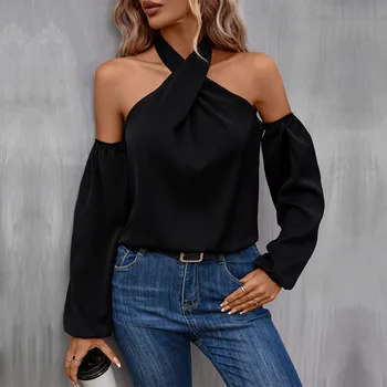 2023 Есенен дамски однотонная риза с дълги ръкави и отворени рамене, дамски секси блуза, черни офис дамски блузи