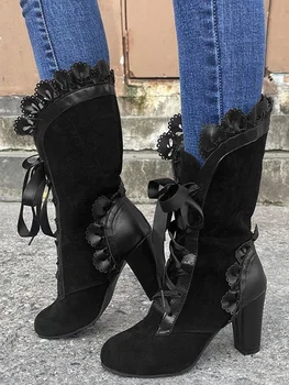 2023 Есенно-зимни обувки в стил пънк дантела, ежедневни дамски черни Пикантен дамски обувки за уличната фотография, Мода обувки за партита, Новост