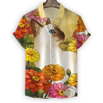 2023 Мъжки Нова ежедневни риза голям размер с Гавайским котка и 3D принтом, риза с къс ръкав