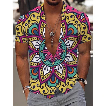2023 Мъжки Тропически Хавайски ежедневни риза с 3D принтом, Летен Плаж почивка, яка с открити рамене, Класически модел, Топ с къс ръкав