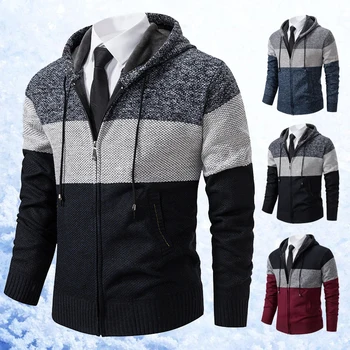 2023 Нов мъжки пуловер с подплата, Дебели Топли Случайни трикотаж, Зимно яке с качулка