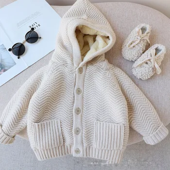2023 новата есенно-зимни дрехи за момичета, дебели качулка, плюс мек вълнен плат пуловер, палто с джобове, женски жилетка за малки деца