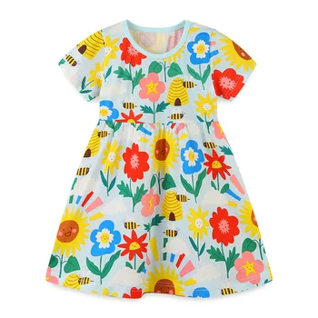 2023 Ново детско Лятна рокля от чист памук, с цветен принтом и къс ръкав на Едро за детски дрехи WA0831