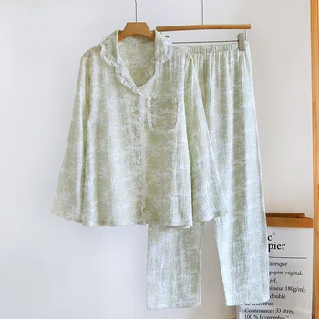 2023 Японски нов пролетно-есенен женски пижамный комплект от 100% памук, креповые панталони с дълъг ръкав, Дамски домашно облекло от две части