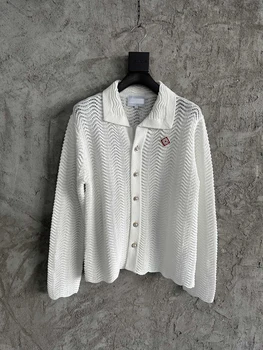 2023SS Бяла Вълнообразни тканая риза и пуловер с дълъг ръкав За мъже и жени, Ежедневни Свободна тениска Wweater, топ