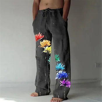 3D принт С цветя, Мъжки Панталони, Всекидневни джоб, Широк пъхтя крака, Дантела по цялата дължина, Мъжки Свободна Градинска Дрехи Големи Размери