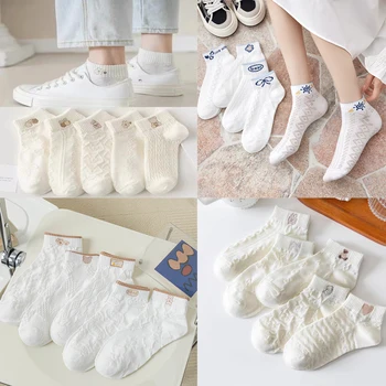 5 чифта памучни женски бели чорапи-лодочек с анимационни модел Мечка и цвете, всеки ден на Летните дишащи Сладки чорапи, Къси щастливи чорапи на щиколотке