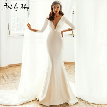 Adoly Mey Романтична Сватбена рокля на Русалка с Кръгло деколте и отворен гръб 2023, Луксозна Сватбена рокля с дълъг ръкав, расшитое мъниста, Меко Атласное Сватбена рокля с влак
