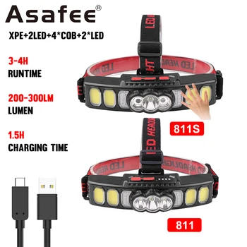 Asafee 811 COB XPE, led налобный фенер IPX4, Водоустойчива лампа, Акумулаторна светлината на прожекторите, Ключ сензор за смяна на предавките, Бял, Червен, Син на Светлината, Открит лагер