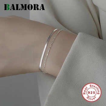 BALMORA S925, Сребърен Проста Двупластова Верига от змийска кост За жени, Модерен Регулируем Маншет за момичета, бижута Подарък за ежедневието