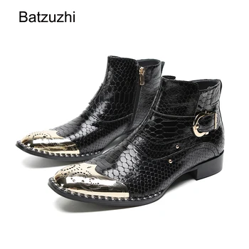 Batzuzhi/ Черни Мъжки Ботильоны от естествена кожа, Луксозни Мъжки обувки, ръчно изработени, Обувки с метална катарама, Вечерни/Сватбени Обувки за Мъже