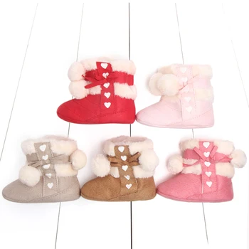 FOCUSNORM 0-18 м, 5 цвята, Зимни обувки за новородени момичета, Плюшени зимни обувки с хубав лък и pom-помераните, Топло детски обувки, за разходки