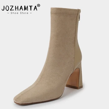 JOZHAMTA, Размер 33-41, Дамски Еластични обувки, Дамски обувки от естествена кожа на висок ток, Зима 2023, Ежедневни Офис Ботильоны с цип