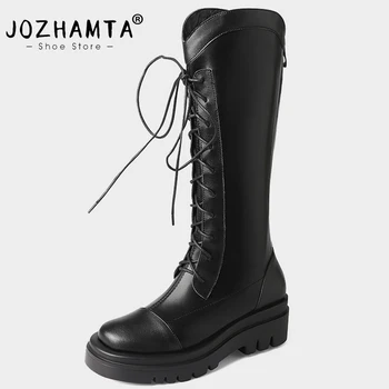 JOZHAMTA/Размери 34-43, Дамски ботуши до коляното, зимна мода обувки от естествена кожа на платформа, Дамски дълги ботуши на танкетке и обувки, Ежедневни офис