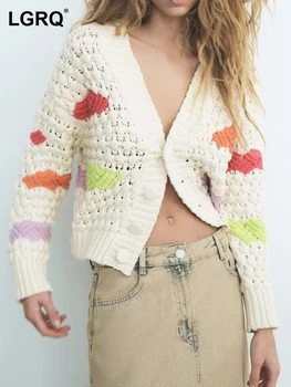 LGRQ 2023, Нов вязаный жилетка с цветно изображение, ежедневни блузи с V-образно деколте дамски градинска дрехи с дълъг ръкав, модерен пуловер, есен 19F1712