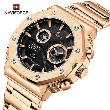 NAVIFORCE, Луксозни мъжки часовници, най-добрата марка, водоустойчив Мъжки спортни кварцов часовник от неръждаема Стомана, LCD дисплей, Светещи мъжки ръчен часовник