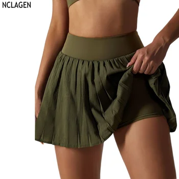 NCLAGEN Тенис пола за бягане с къс ръкав, Ежедневни дамски дрехи за тренировка във фитнес залата, къси панталони за йога с висока талия Dry Fit, дишащи