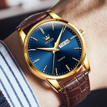 Olevs Бизнес-тънки часовници за мъже, Оригинален луксозна марка, Водоустойчив, кожена каишка, Сини мъжки ръчен часовник Relogio Masculino