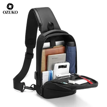 OZUKO Чанта през рамо За Мъже, Зареждане чрез USB, Водоустойчив Нагрудная Чанта-Месинджър, Мъжки Къс Пътна Чанта-Прашка, по-Голямата Голям Чанта На Рамото, Черен