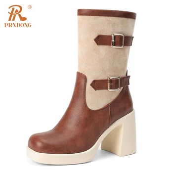 PRXDONG /Дамски обувки; Новост 2023 г.; Мода есен-зима на топло ботильоны на високо масивна обувки с квадратни пръсти и се деформира; Дамски обувки за партита;