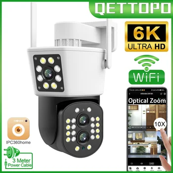 Qettopo 6K 12MP Трехобъективная WiFi PTZ IP камера Външна 9MP Двухэкранная AI Human Auto Tracking Security Камера за Видеонаблюдение