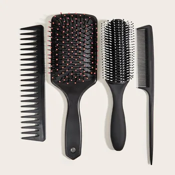 Scatter стайлинг на коса, Масаж къдрава коса, Гладка гребен за коса, черен комплект от четири обекта, е на разположение за лична употреба във фризьорски салони