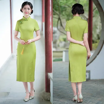 Yourqipao Годишният Жаккардовый Зелен Супериорна Чонсам, Прясна Сладка Елегантна фотография, Вечерна рокля в китайски стил Qipao за жени