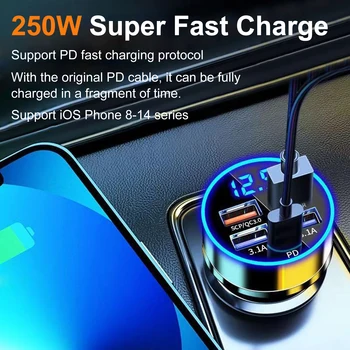 Адаптер бързо зареждане с мощност 250 W, 4 USB порта, зарядно за кола Type C PD за различни смартфони, жак за смяната на автомобил с бърза зареждане с мощност от 250 W
