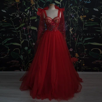 Ариетта Скъпа, Червени тюлевые рокли Трапецовидна форма за бала с лъкове, Корсет с аппликацией, Макси-рокли за партита, рокли за официални случаи