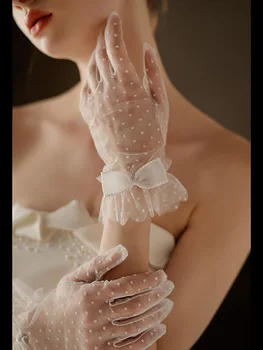 Бели Къси Сватбени ръкавици с гривната и лък, Сватбена ръкавица за жени, Вечерна рокля за момичета, Бижута, Аксесоари за булката