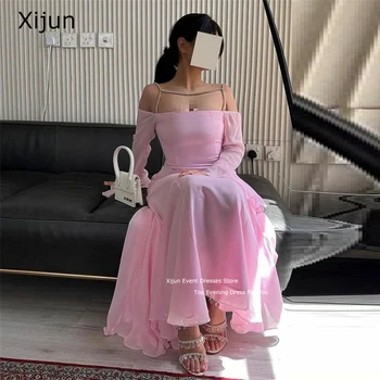 Вечерни рокли от Розов шифон Xijun С Дълги ръкави, Рокли за абитуриентски бал, Елегантни Рокли за Бала в Саудитска Арабия Дължина до щиколоток 2023, премяна