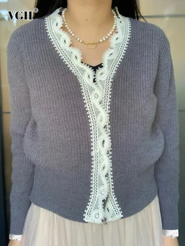Вязаный пуловер с VGH и перли, вязаный пуловер за жени, V-образно деколте, дълъг ръкав, дантела в стил мозайка, Тънък пуловер хитового цветове, дамски зимни дрехи