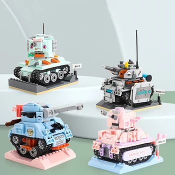 Градивните елементи на серия Mini Сладко The Tank, събрани от малки частици военни блокове, креативна мультяшная мини-модел на танк, украшение
