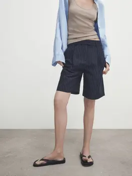 Дамски 2023, Новите модни Летни Нагънат Свободни шорти в тънка ивица с винтажными джобове, универсални ежедневни Шик дамски къси панталони Mujer