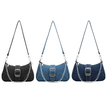 Дамски дънкови чанта през рамо с катарама, ретро чанта-тоут, модерна чанта на верига, портфейл, ежедневна вечерна чанта