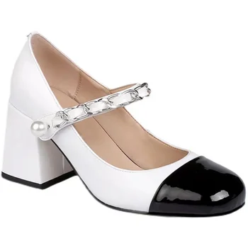 Дамски обувки Mary Jane в ретро стил, новост 2023 г., френските обувки на висок ток с квадратни пръсти, малки кожени обувки за жени, обувки с дебел ток Zapatos
