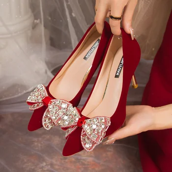 Дамски обувки на висок ток с големи кристали и бантиком-карфица за сватбени партита, Искрящи кристални обувки на висок ток
