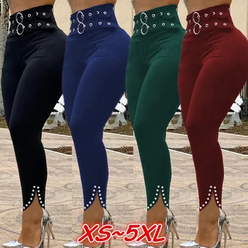 Дамски Секси стегнати панталони 2021, Модерни Елегантни Обикновен дамски панталон с висока талия и Нитове, Ежедневни панталони Harajuku с коланите