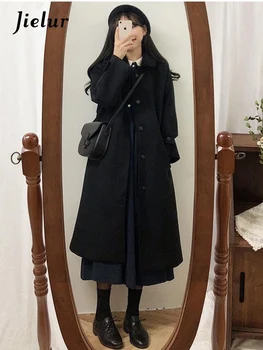 Дамско палто за Зимата на корейското модно утолщенное вълнена зимно палто с дълъг покритие за жени, черна козина Harajuku