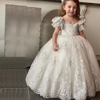 Дантелени Буйни рокля с цветя модел за момичета на сватба, апликации за Принцесата, Детско парти, Абитуриентски бал, Първо Причастие, Празнична Бална рокля за Рожден Ден