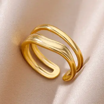 Двуслойни пръстени за жени, мъже, Златен цвят, отворен пръстен от неръждаема Стомана, Дамски, мъжки вечерни бижута за пръстите, тенденция 2023, Безплатна доставка