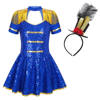 Детски Цирк костюм за Cosplay за момичета, Кралят костюм на почетна стража, облекло за Хелоуин, Блестяща рокля-эполет със златни пайети и пискюли и мини-цилиндър
