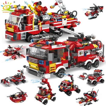 Детско сграда на пожарникар, детски играчки от тухли, камиони, хеликоптери и кораби пожарникари, 8 в 1