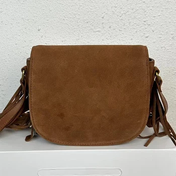 Дизайнерски ретро однотонная седельная чанта от телешка матова кожа с ресни, дамски нова чанта през рамо, с модерна многофункционална диагонално чанта